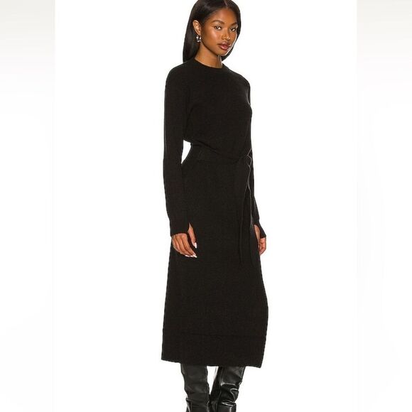 LPA Revolve Long Sleeve Ribbed Black Midi Sweater Dress Waist Tie - Picture 2 of 6